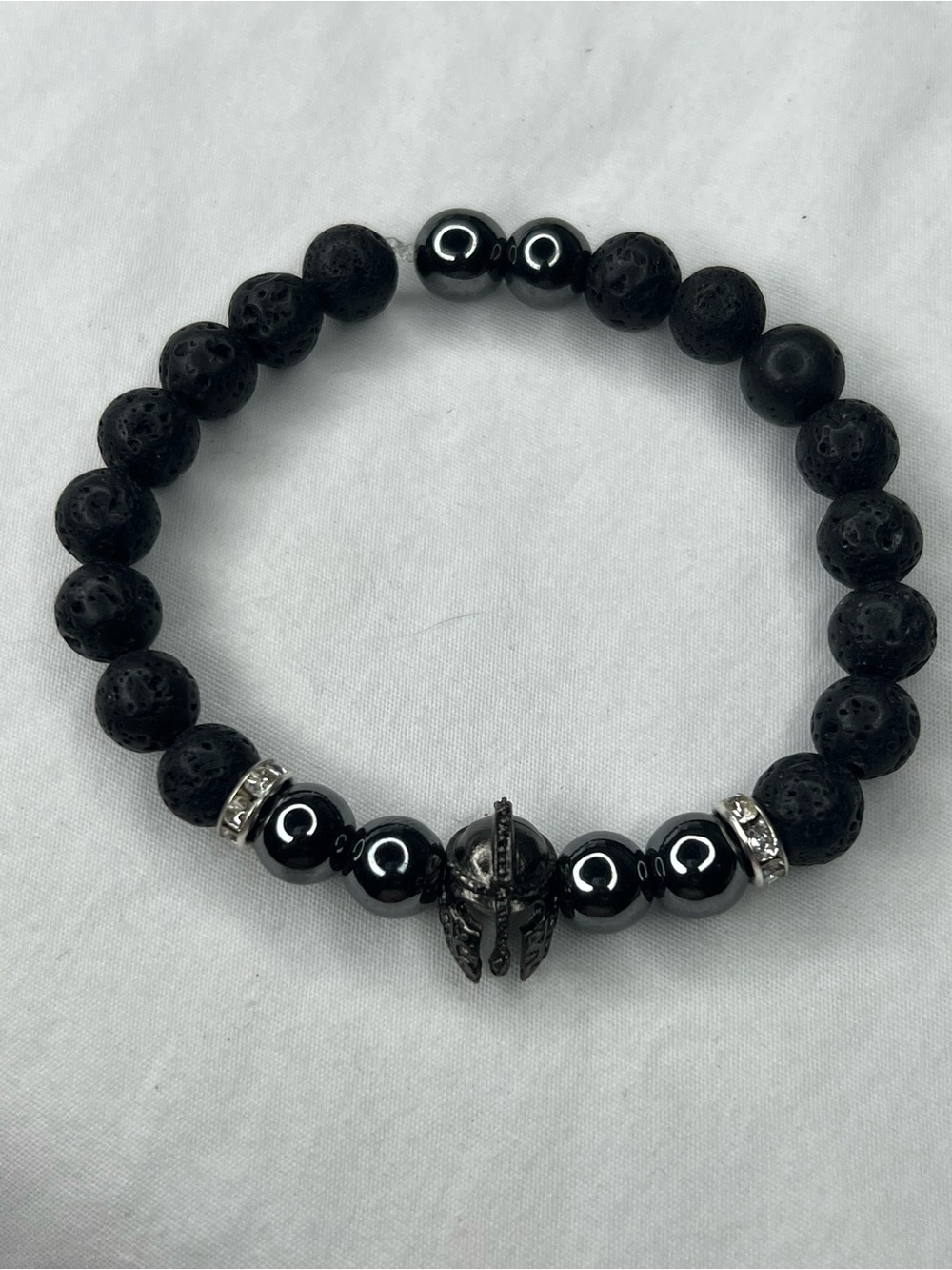 Black Lava Stone Beaded Bracelet with Spartan Helmet Accent